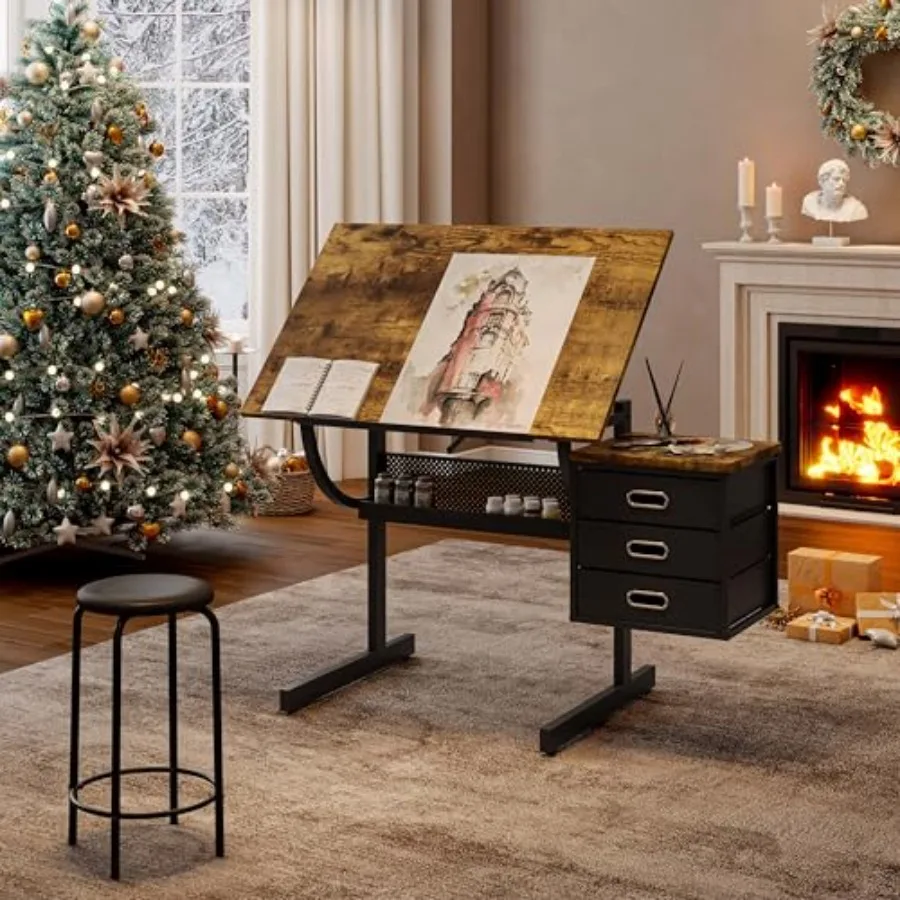 Drafting Table Desk with 2 Fabric Drawers Art Desk with Storage and 4 Wheels Art Table for Adults with Two 24