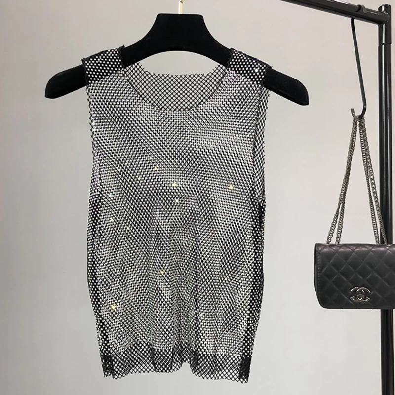 Glitter Crystal Beading Shiny Tanks y2k tops Party Club Sexy Hollow Out Diamonds Sleeveless Vest For Women Beach Party Nightclub