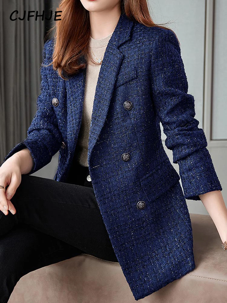 CJFHJE Navy Blue Winter Tweed Blazers Coat Women Thick Warm Long Sleeve Button Elegant Lady Jacket Coat Double-Breasted Overcoat