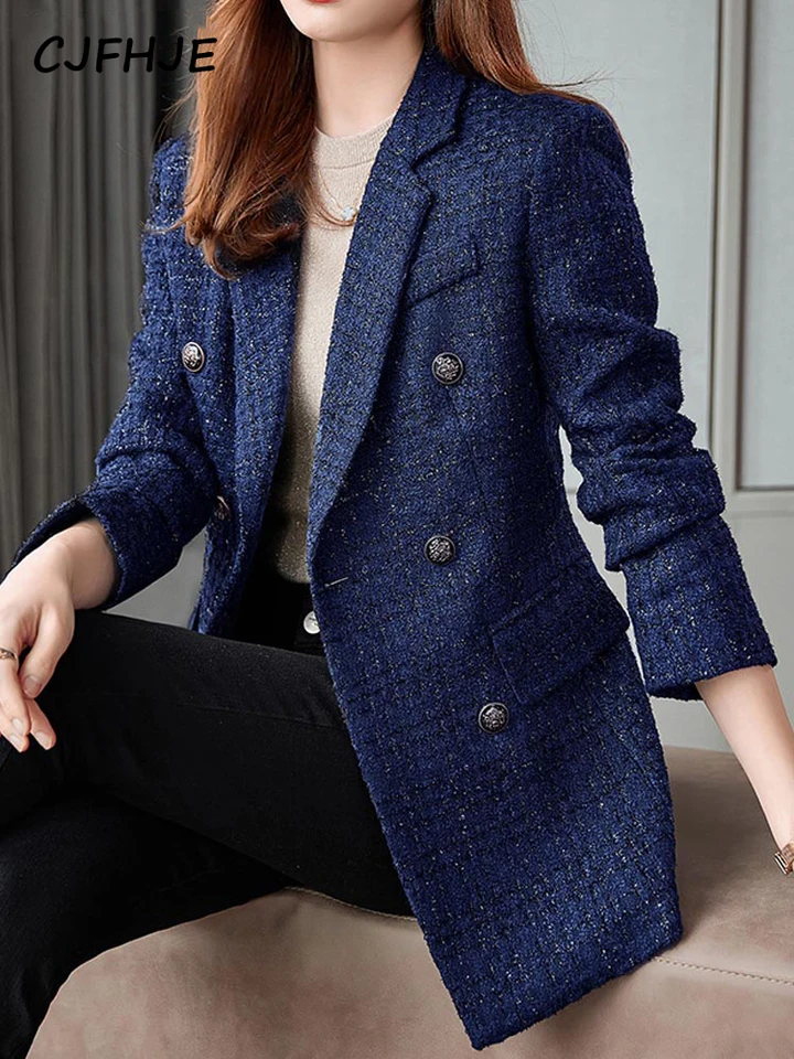 CJFHJE Navy Blue Winter Tweed Blazers Coat Women Thick Warm Long