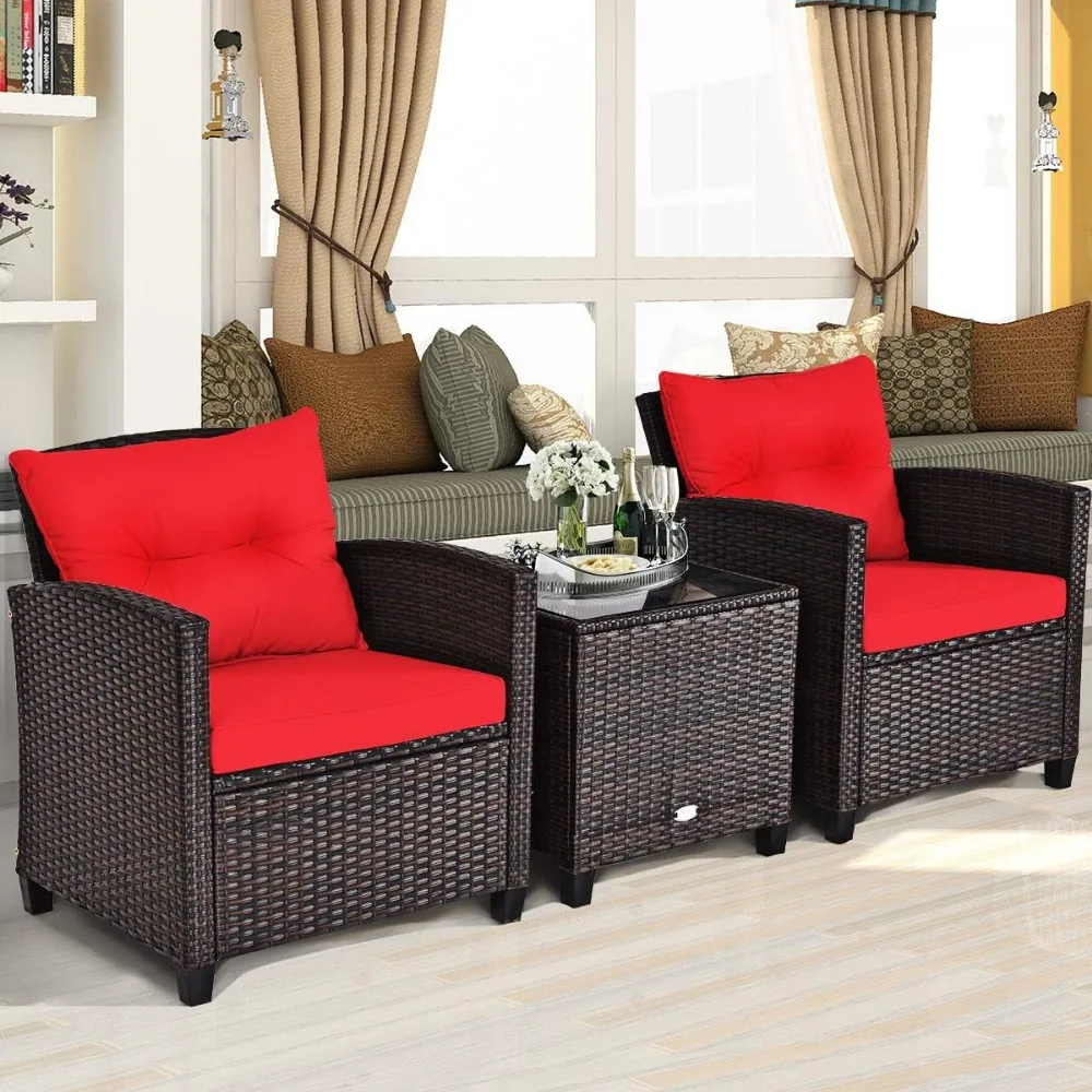 

3 Pieces Wicker Patio Furniture Set, Outdoor Sofa Set with Water-Resistant Cushion & Tempered Glass Table, Outdoor Conversation