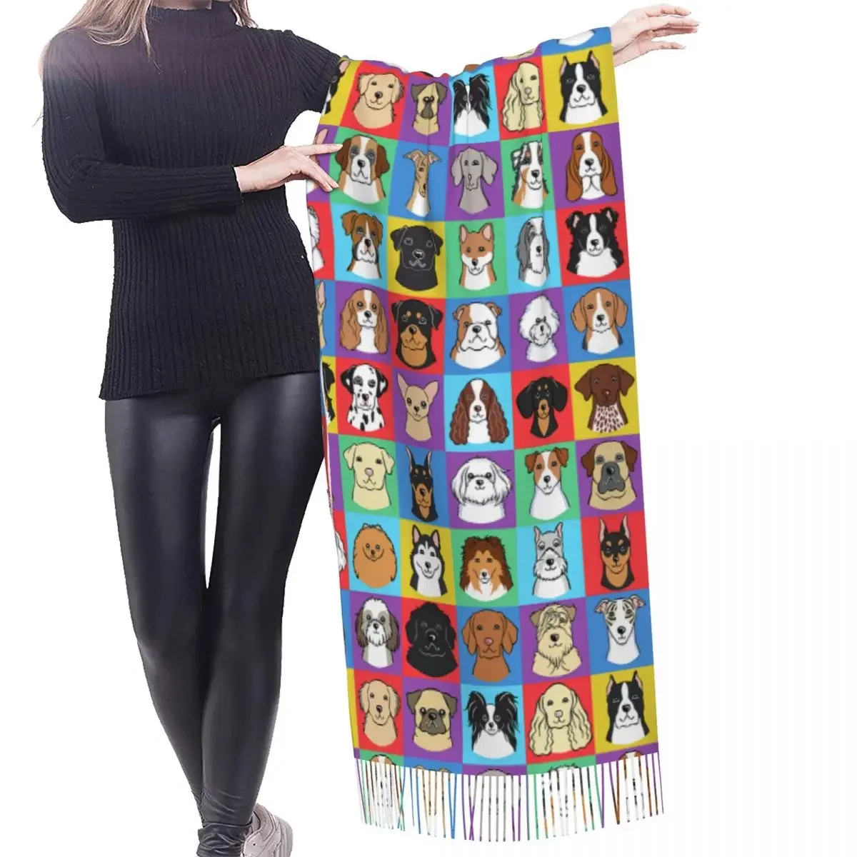 Dog Pattern Scarf Wrap for Women Long Winter Fall Warm Tassel Shawl Unisex Scarves