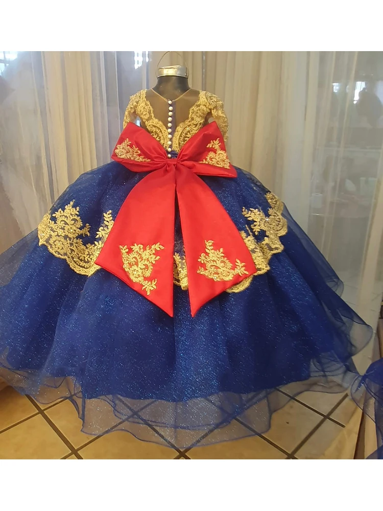 Robe à Fleurs en Tulle et Dentelle Dorée pour Fille, Col Rond Bouffant, Longueur au Sol, pour Mariage, Anniversaire, Bébé, Concours, Première Communion, Bal