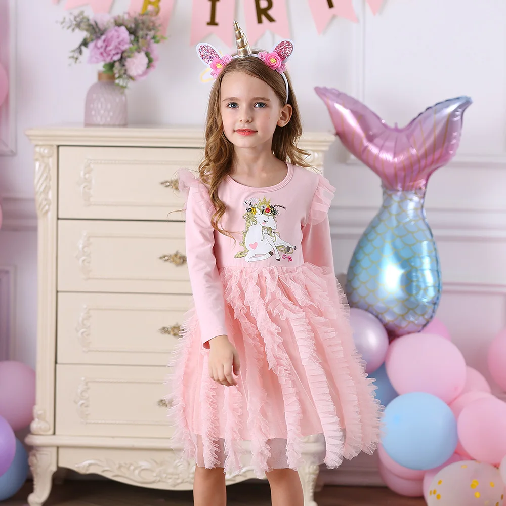 VIKITA Girls Licorne Print Cartoon Dress Kids Spring Autumn Winter Long Sleeve Pink Layered Tulle Mesh Tutu Princess Party Dress