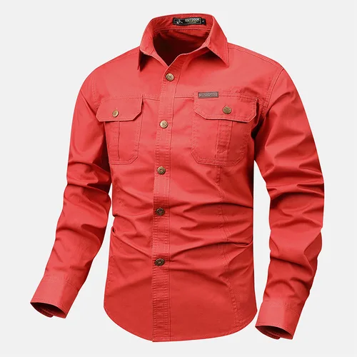 Imagen 2 del producto Camisa Retro de manga larga con diseño de bolsillo para hombre, camisa masculina con botones, estilo Cargo, primavera y otoño, Qutdoo