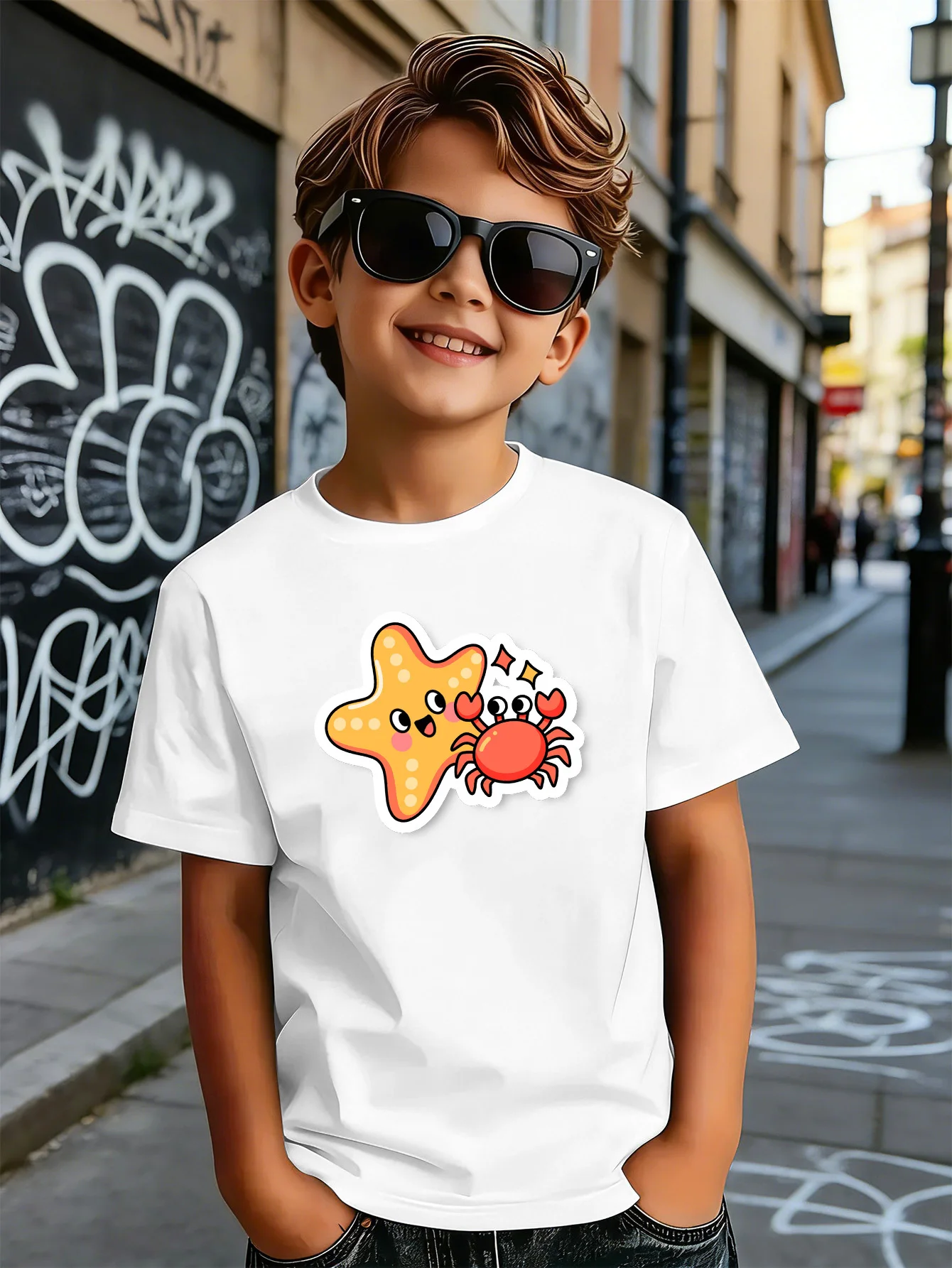 Lovely Starfish Crab Ocean Cartoon Print Boys Girls Family Matching Cotton Short Sleeve Crew Neck Soft Summer Kids Casual Tees