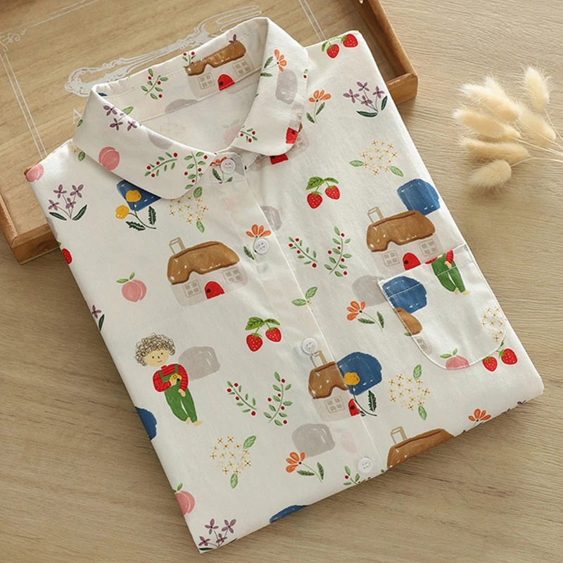 Spring Autumn Kawaii Cartoon House Print Cotton Shirt Women Clothing Loose Turn Down Collar Long Sleeved Shirts & Blouses U356