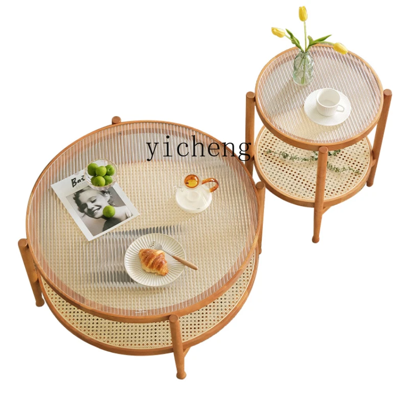 

XC Solid Wood Rattan Tea Table Combination Nordic Simple Living Room Home Small Apartment round Glass Tea Table