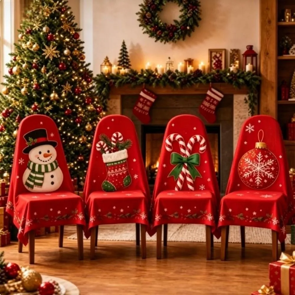 4 pcs Snowman Christmas Chair Cover Dustproof Dwarf Chair Protective Sleeves 2D Print Christmas Ornaments Home Decoration
