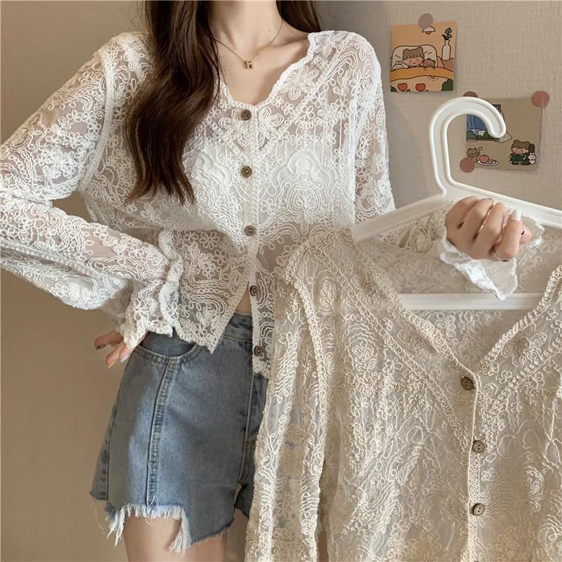 Xpqbb Retro Hook Flower Hollow Out Women Blouse Elegant Lace Long Sleeve V-neck Shirts Woman Button Up Thin Sun Protection Tops