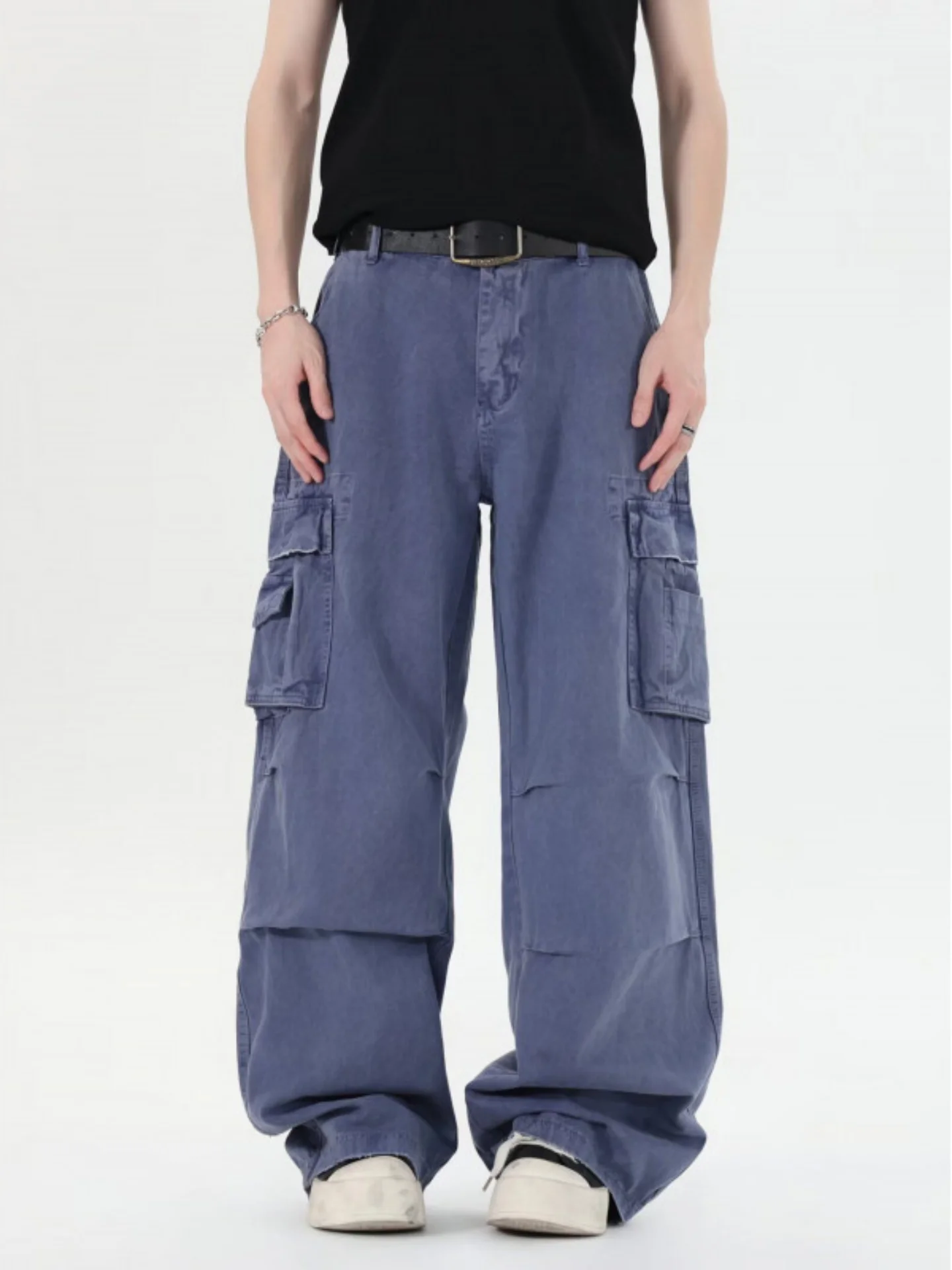 

Американские винтажные рабочие брюки свободного прямого кроя, синие, с эффектом похудения, повседневные, длинные, из комфортной мягкой ткани