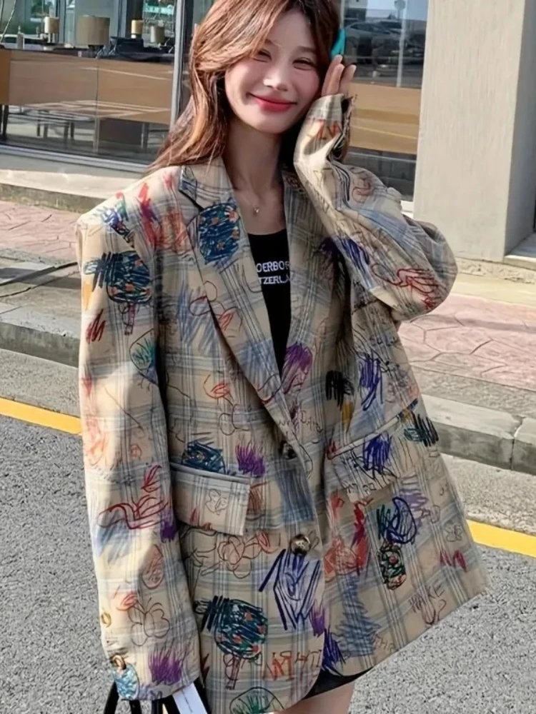 Spring Autumn Women Blazer Jacket Fashion Graffiti Printed Suit Coat Casual Korean Female Outerwear Elegant Women's Clothing