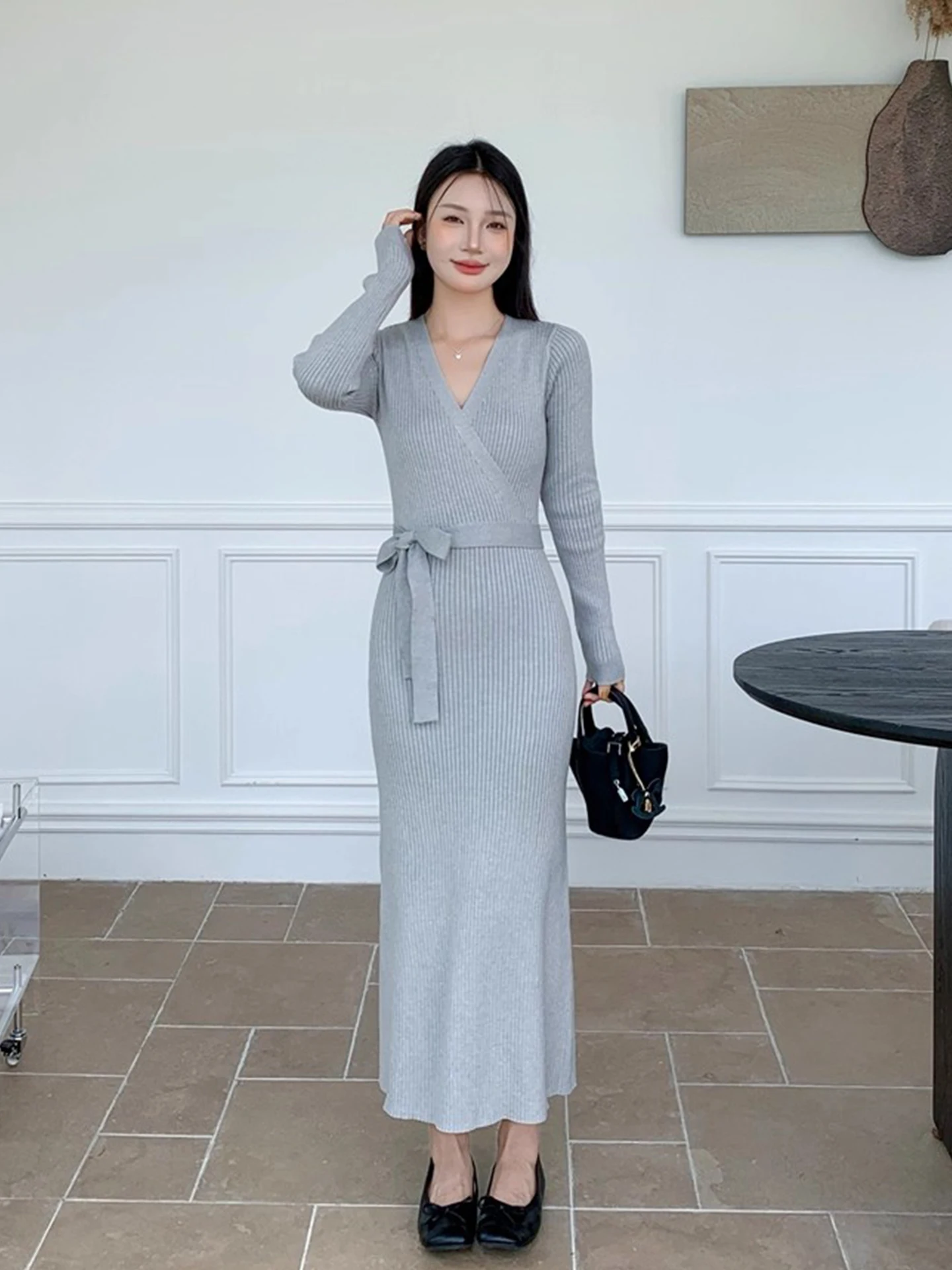 Ele V-Ne Ruched محبوك الدكتور المرأة الخريف الشتاء التخسيس تنورة طويلة التفاف الدكتور مريحة صالح Busin عادية Dr