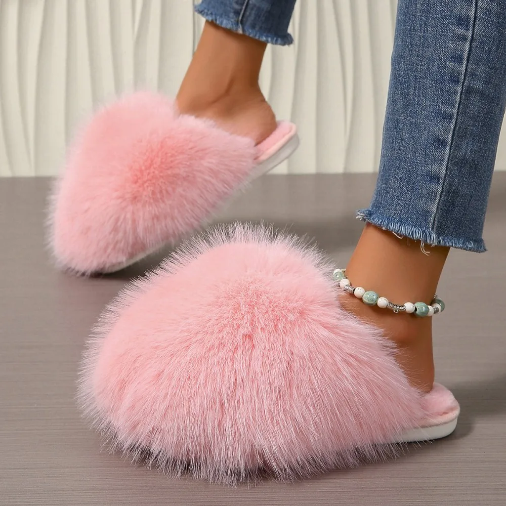 Winterfellige Damen-Hausschuhe, bequeme Flip-Flops, flache Pantoffeln, Indoor-Schlafzimmer-Plüschschuhe für Damen – Detail 11