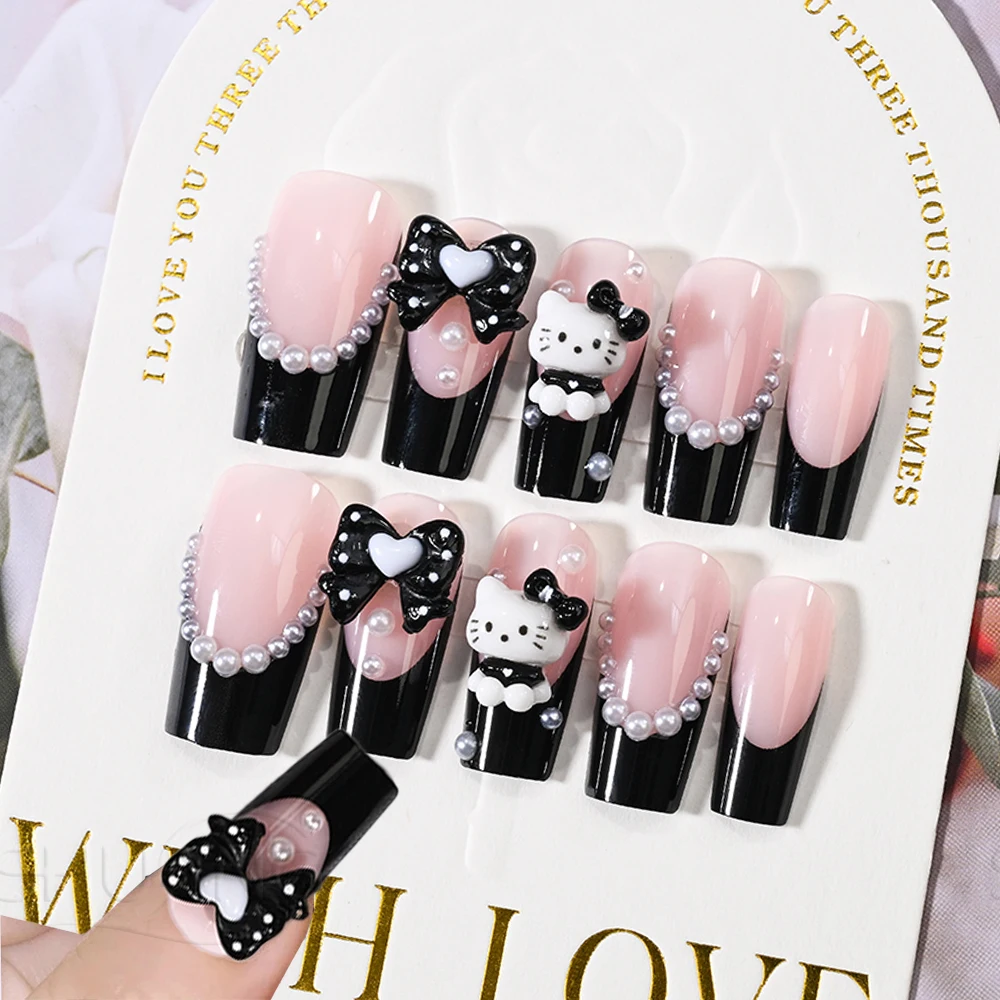 

24Pcs Black Bowknot Hello Kitty Press-on-nails 3D Pearl Bow Coffin French False Nail Patches Y2k Cartoon Wearable Fake Nails #_%
