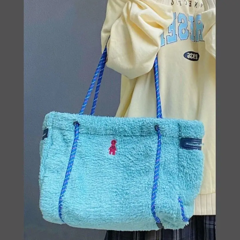 Y2k Lamb Wool Blue Handbag For Women High Capacity Big Tote Bags Korean Fashion Square Shoulder Bag College Book School Bags New