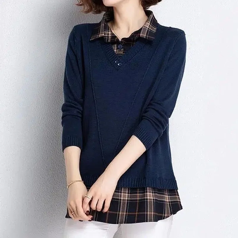 2023 All-match Female Plaid Spliced Fashion Sweaters Elegant Casual Fake Two Pieces Knitted Tops Spring Autumn Women\'s Clothing