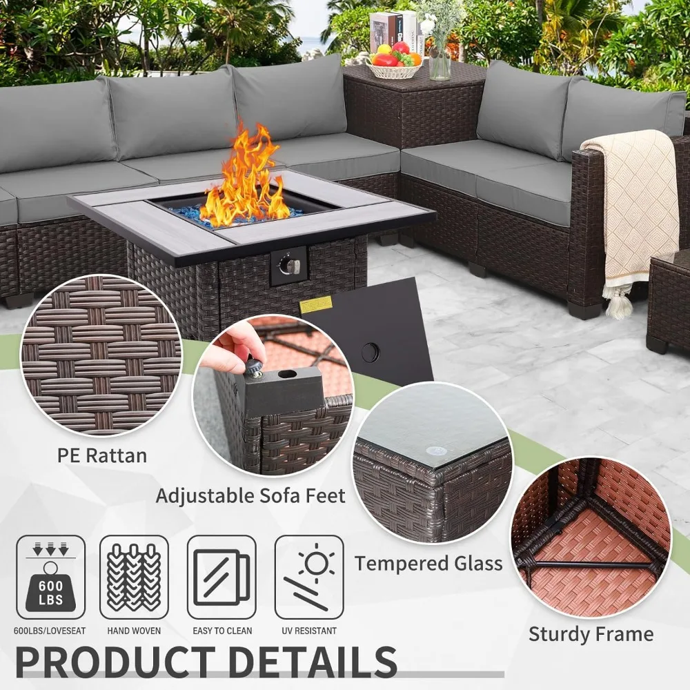 7-PIECE PATIO FURNITURE SET WITH STORAGE COMPARTMENT, COFFEE TABLE AND PROPANE FIRE PIT, NON-SLIP GREY CUSHIONS