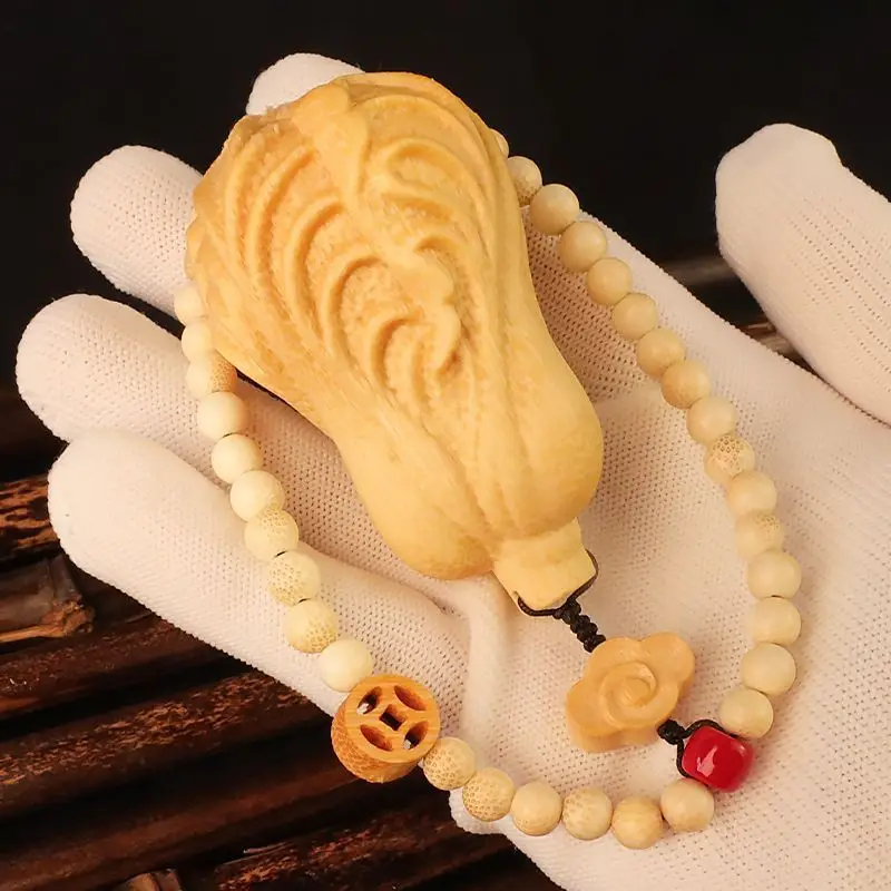 

Solid Bamboo Carving Handheld Piece Wealth Gathering Cabbage Lucky Plate Play Decoration Craft