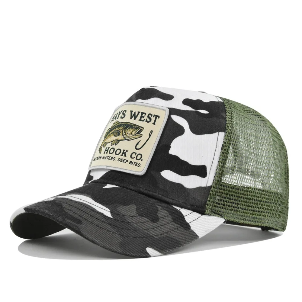 High Quality Fishing Embroidery Baseball Cap Embroidery Design Mesh Back Mesh Hat Snapback Closure Outdoor Fishing Snapback