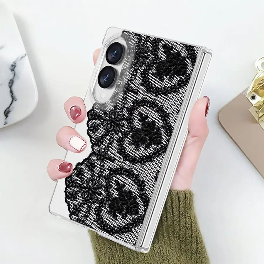 Black Lace Flowers Phone Funda Case for Samsung Galaxy Z Fold 8 PC Hard Luxury ZFold8 ZFold 8