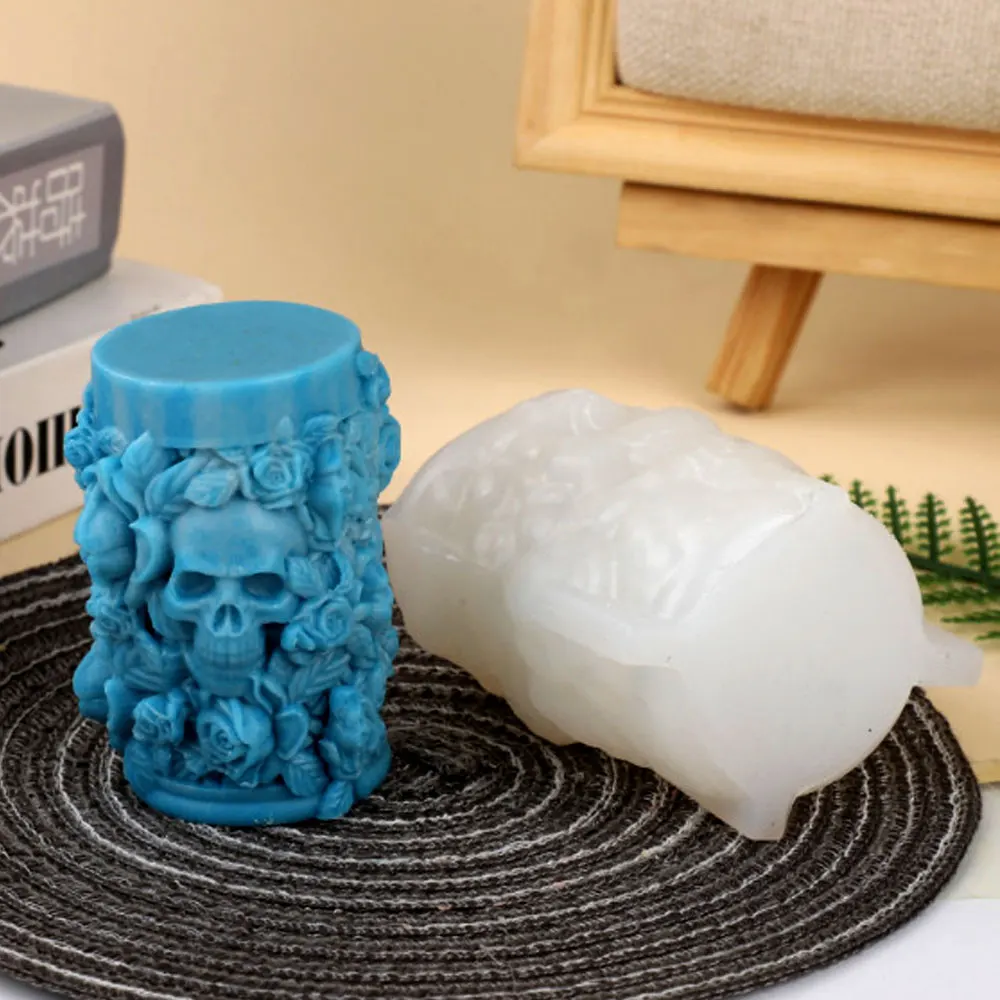 Skull Rose Pillar Silicone Scent Candle Molud Ghost Groom and Bride Plaster Resin Mold DIY Craft Handmade Halloween Gothic Decor