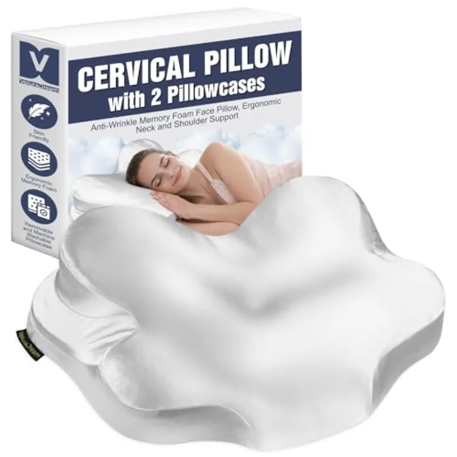 

Anti Wrinkle Neck Pillow for Face and Skin - Cervical Beauty Pillow with 2 Cooling Pillowcases Memory Foam Support for Side and
