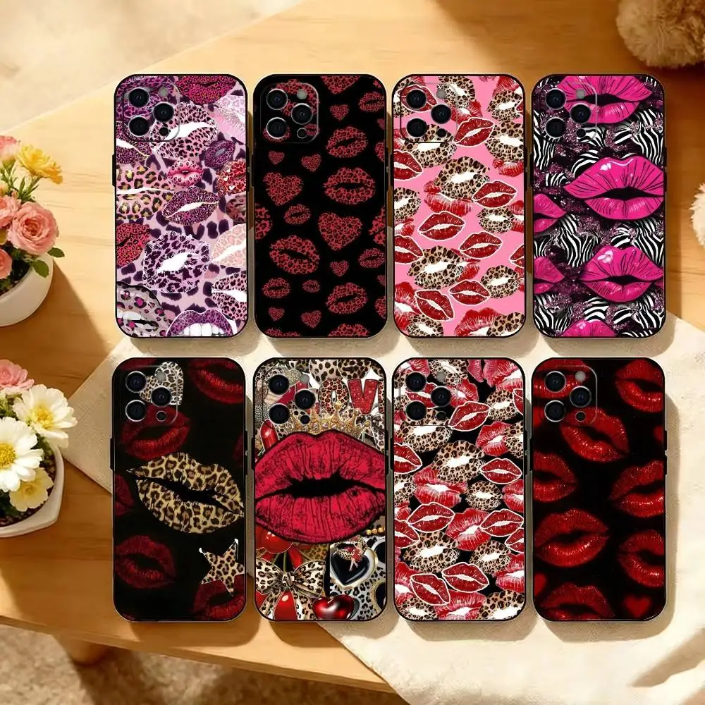 

Lip print Phone Case For iPhone 17,16,15,14,13,12,11 Plus,Pro Max,XS,Soft Silicone Black Cover