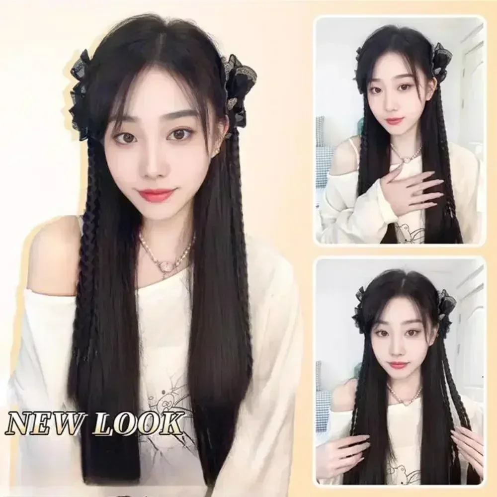 Y2K Parrucca sintetica intrecciata intrecciata con fiocco per ragazze Simulazione doppia coda di cavallo Estensioni da donna