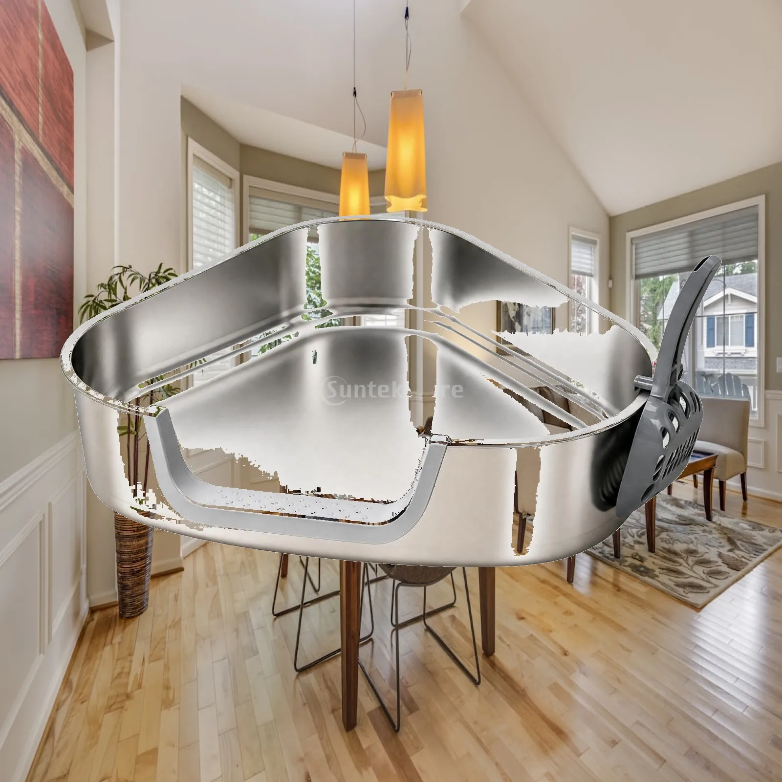 Low Front Entry Cat Waste Container in Silver Gray Steel with Anti Slip Stickers for Indoor Home Use