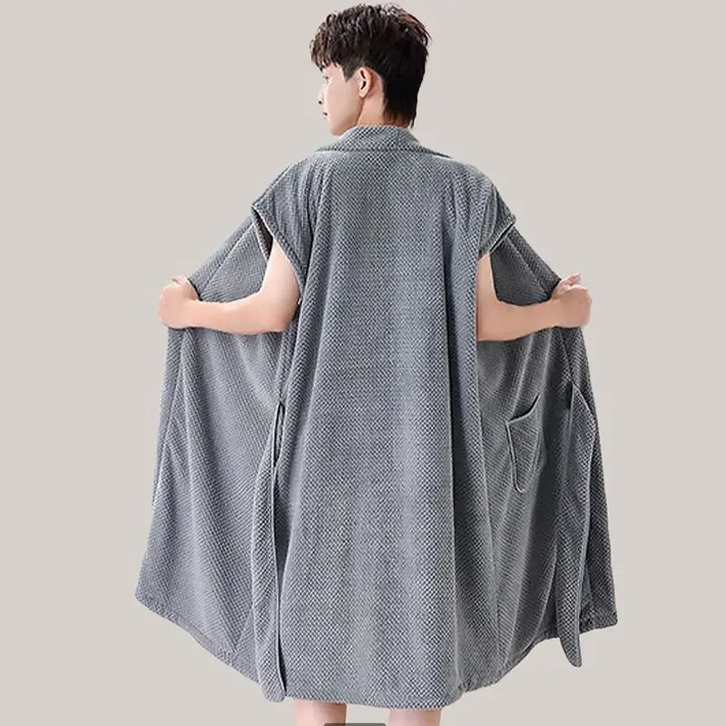 Soft Coral Fleece Bathrobe Quick Dry Absorbent Wearable Bath Wrap for Women Couple Home Cape