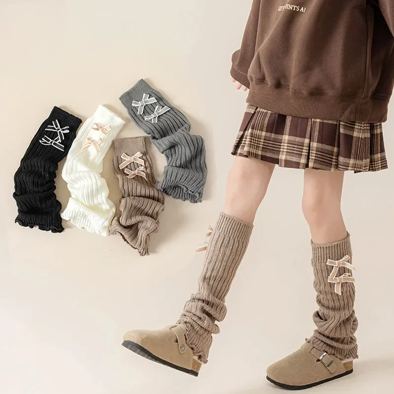 Sweet Korean Calf Sock for Kids Girl Fashion Bow Solid Color Children's Pile Sock Soft Cotton Autumn Leg Warmers 3-12Y