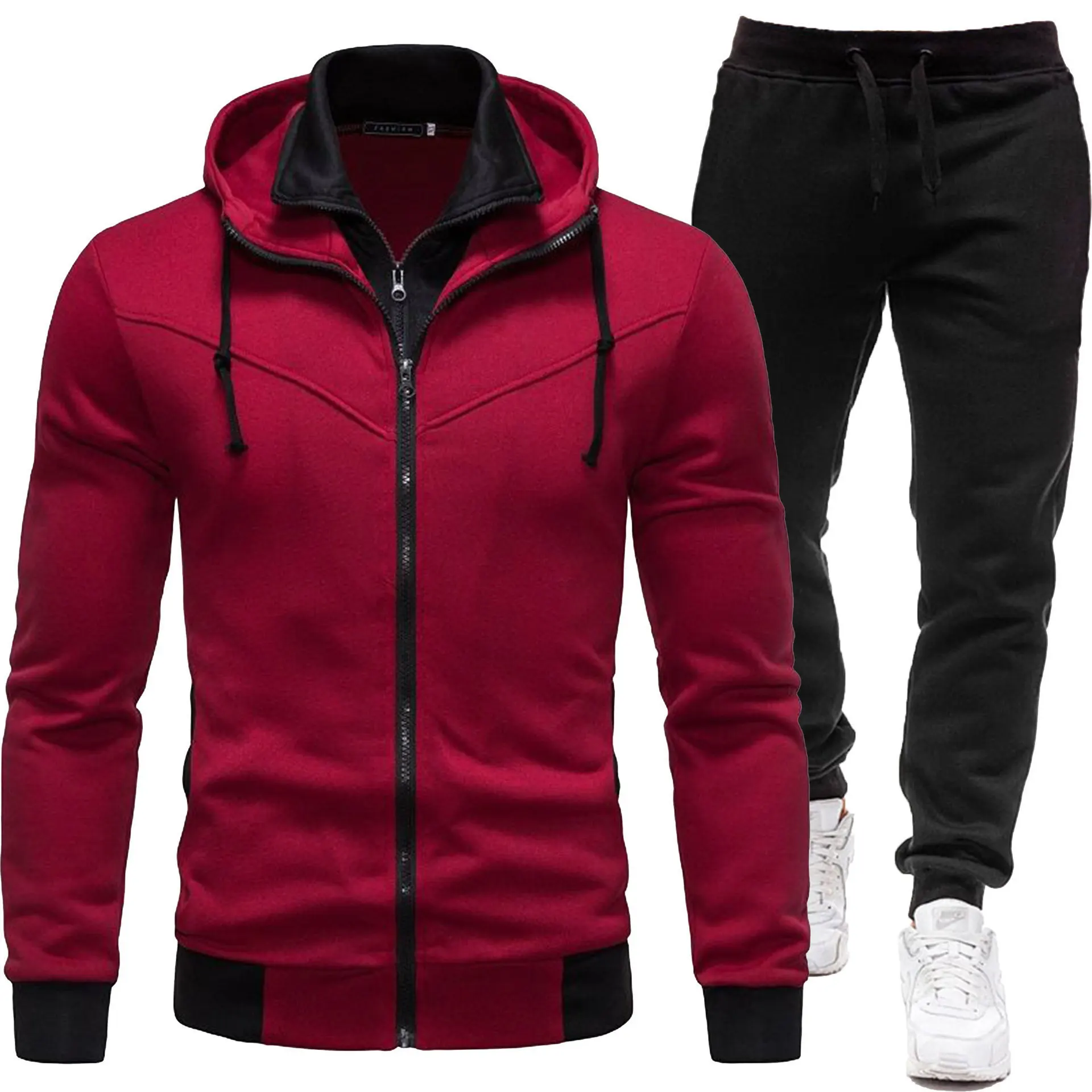 2025 autumn and winter sports splicing men's jacket casual long sleeved pants hooded sports men's set two-piece set image 2