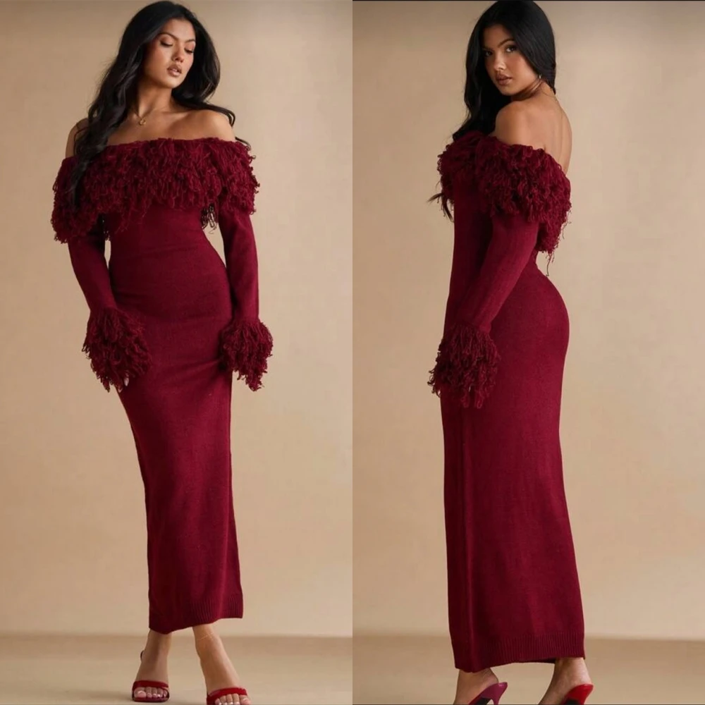 

Customized Temperament Boat Neck Mermaid Evening Dress Elegant Jersey Prom Dresses Sexy Long Sleeves Special Occasion Gowns