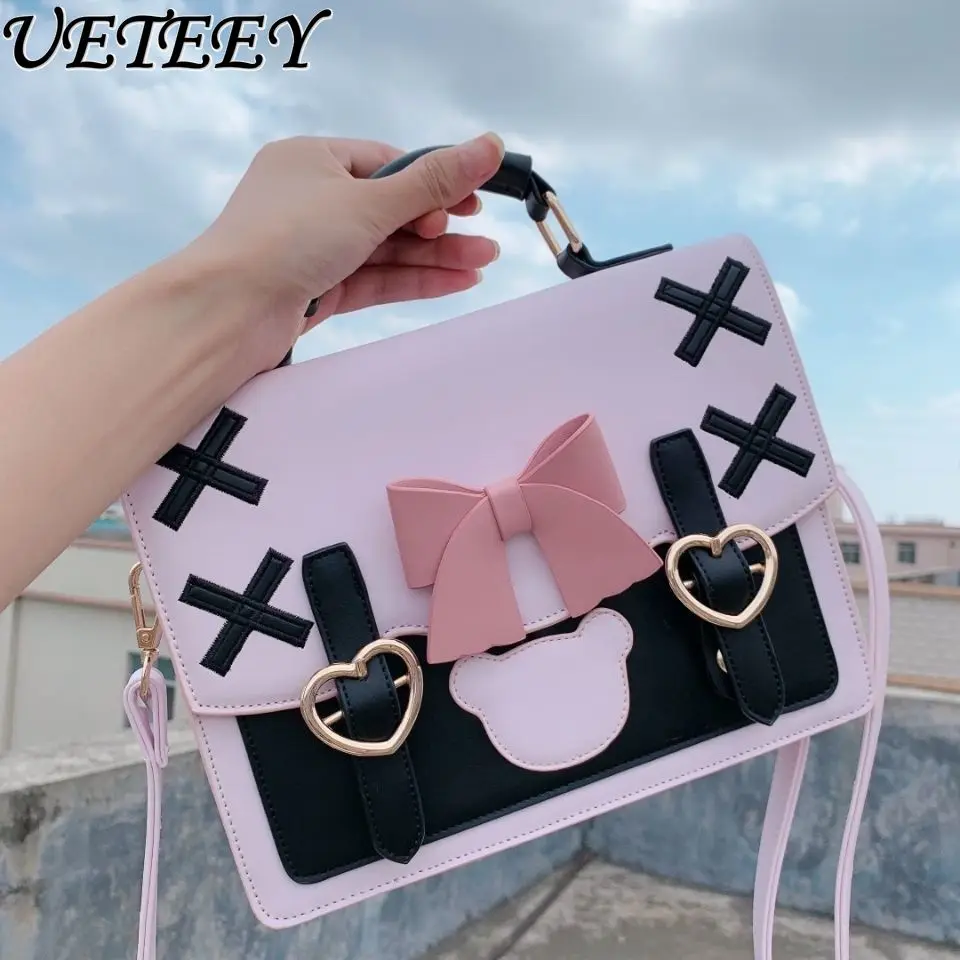 Japanese Girl New Fresh Sweet Bowknot Lolita Backpack Female Hearts Bear Portable Shoulder Crossbody Bag Small Square Bag Female