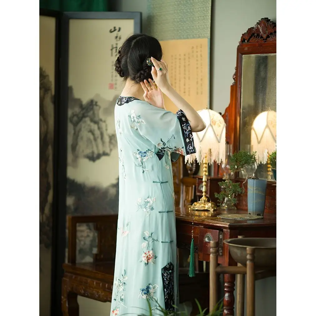 Vintage Loose Qipao Casual Cheongsam Dress Printed Flower Tang Suit Traditional Chinese Clothing Princess Banquet Evening Dress