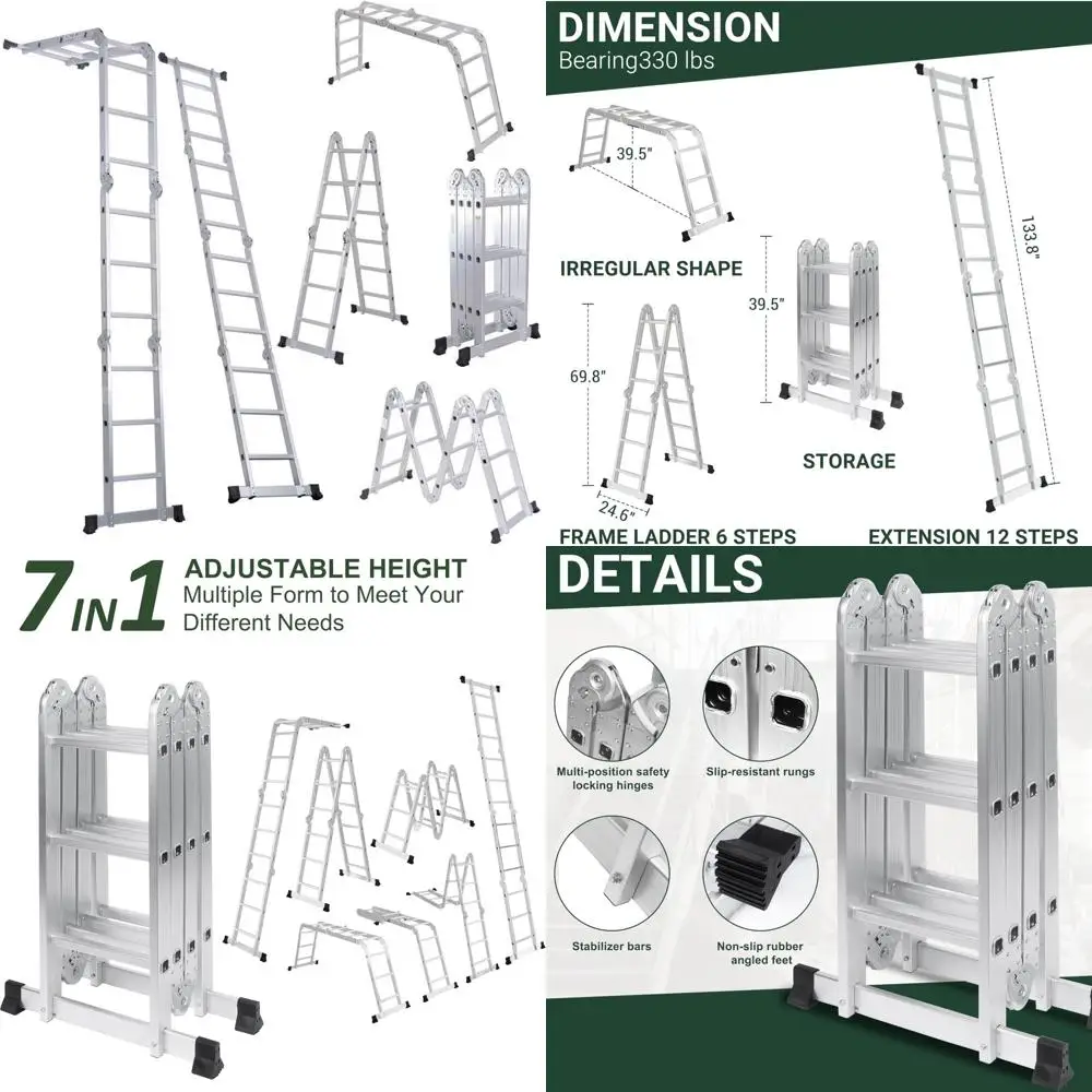 Escalera de extensión multiusos de aluminio 7 en 1: capacidad de 330 libras, escalera de andamio plegable de 12,5 pies para el hogar y la taller