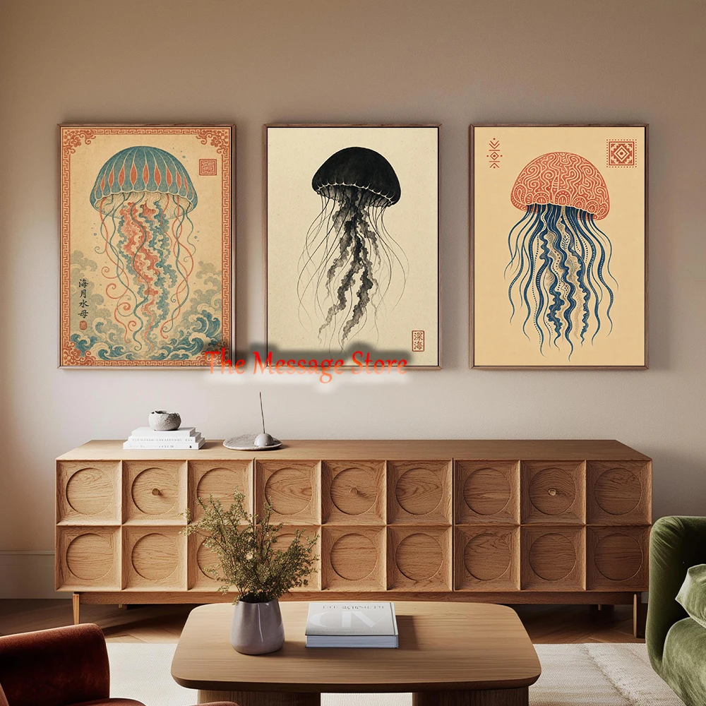 Minimalist Ocean Sea Turtle Octopus Jellyfish Japanese Line Minimalist Ocean Wave Poster Canvas Painting Wall Picture Home Decor
