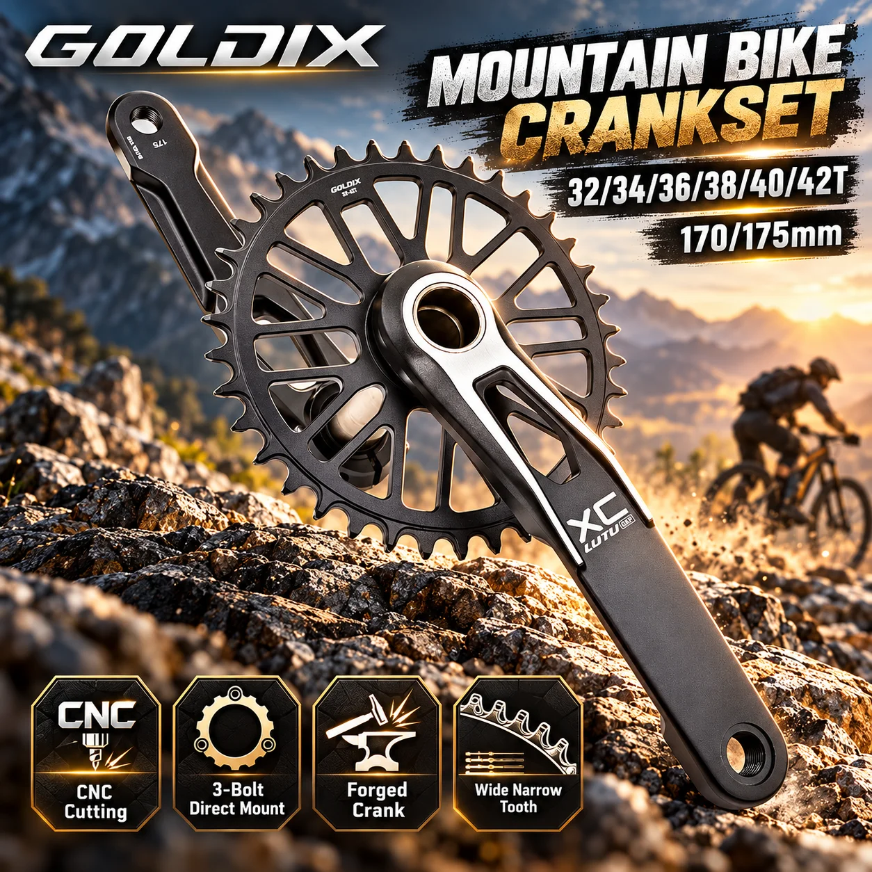 GOLDIX MTB Crankset 165/170/175mm Forged Alloy 3-Bolt Direct Mount 3mm Offset 34T 36T 38T 40T Narrow Wide XC AM Bike Crank Set