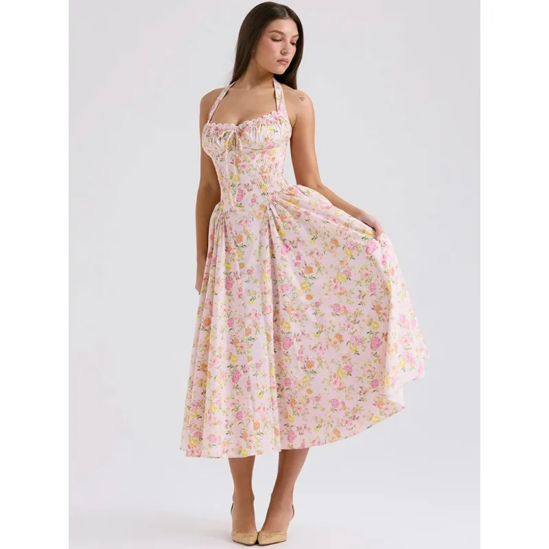

Mozision Vintage Print Midi Sundress For Women 2024 Summer New Fashion Halter Sleeveless Backless A-line Sexy Long Dress