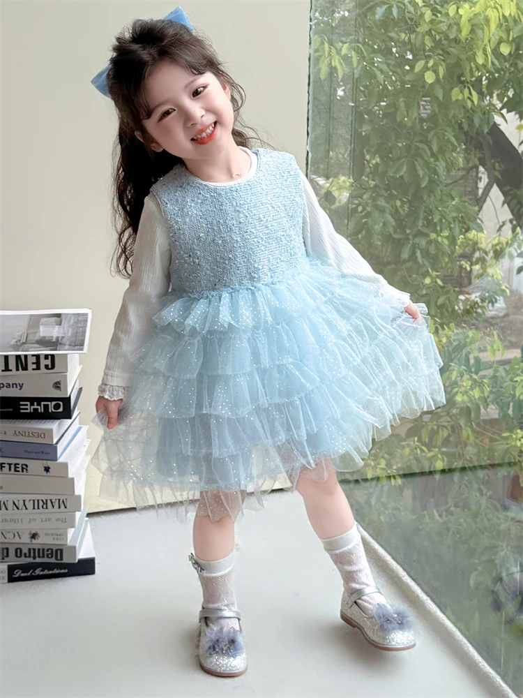 

Sweet Princ Sle Girls Dr, пышная юбка, жилет, осенняя модная детская одежда, длинный све, круглый комплект из двух предметов