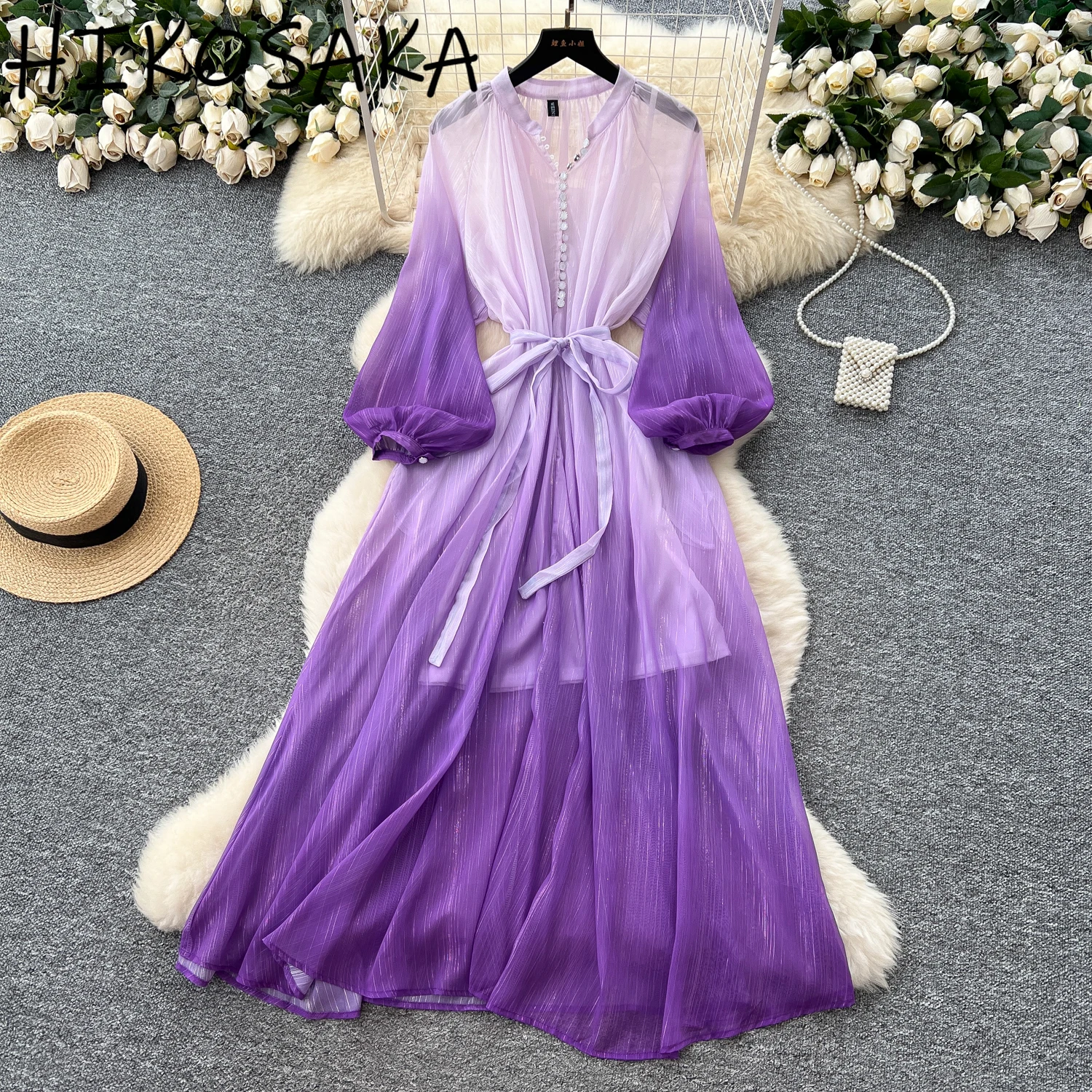

French Style Temperament Elegant Dress With Camisole Women Bandage Slim Waist Lantern Sleeve Gradient Tulle Long Robe Fresh Ropa