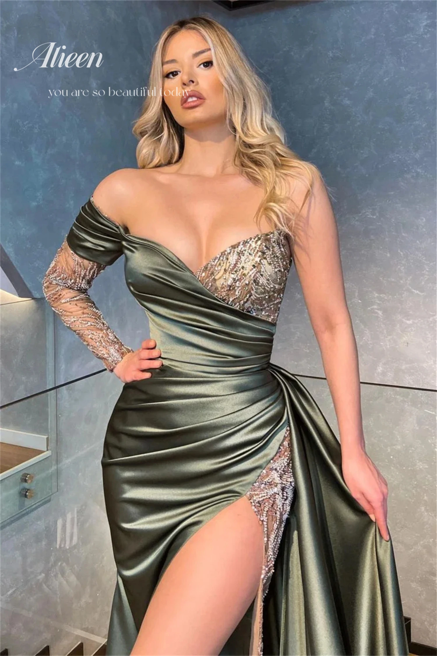 Formal Es for Women customized Elegant Dress Party Evening Elegant Luxury Celebrity Olive Green Fishtail Sweetheart Wedding