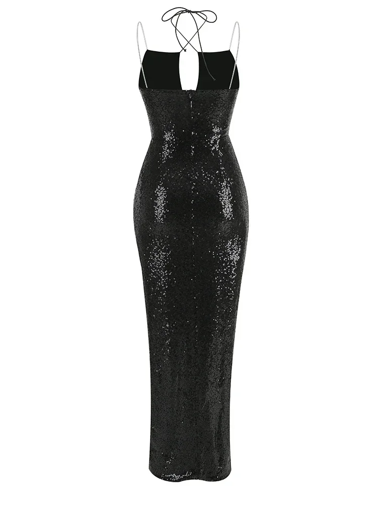 2024 Women Sexy Sleeveless Cut Out Black Sequins Dress Elegant Backless Lace-up Side High Slit Sequined Long Evening Party Club