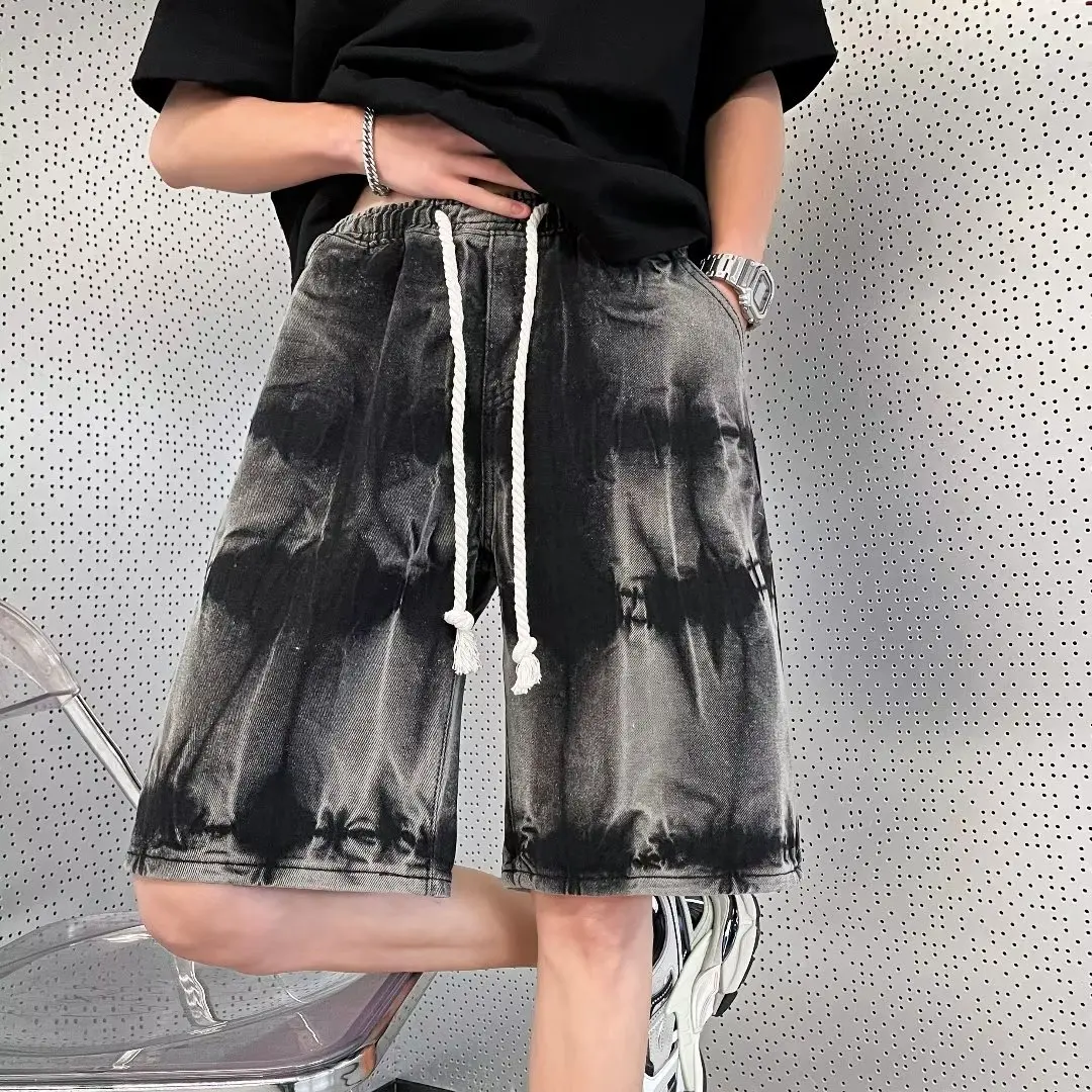 Denim Shorts Fashion High Street Temperament Summer Tie Dye Panelled Knee-length Korean Style Teenagers All-match Minimalist