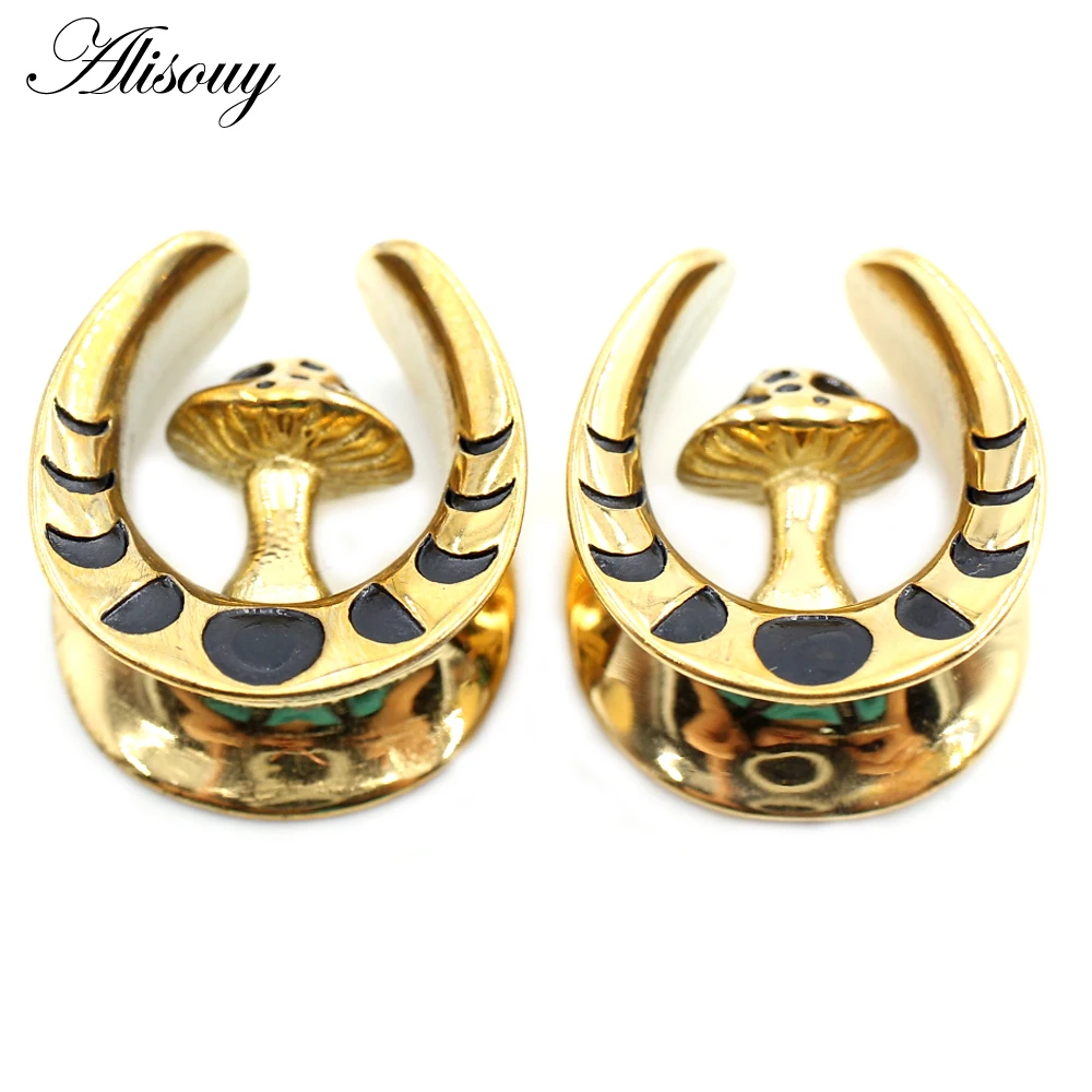 Alisouy 2PCS Stainless Steel U-shaped Mushroom Saddle Ear Tunnels Plugs Expander Stretcher Gauges Earrings Piercing Body Jewelry