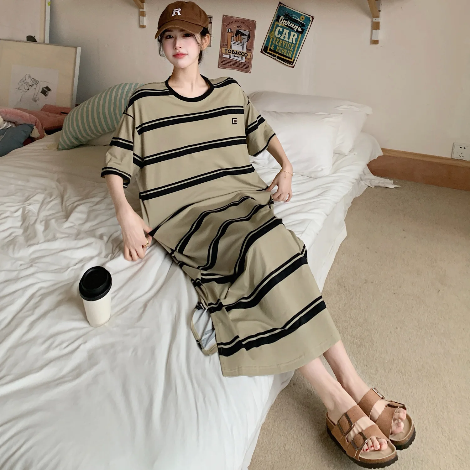 Plus Size Koreaanse Stijl Gestreept T-shirt Zomer Ronde Hals Losse Lange Jurk Gewaad met Korte Mouwen voor Vrouwen Jurk Vestidos