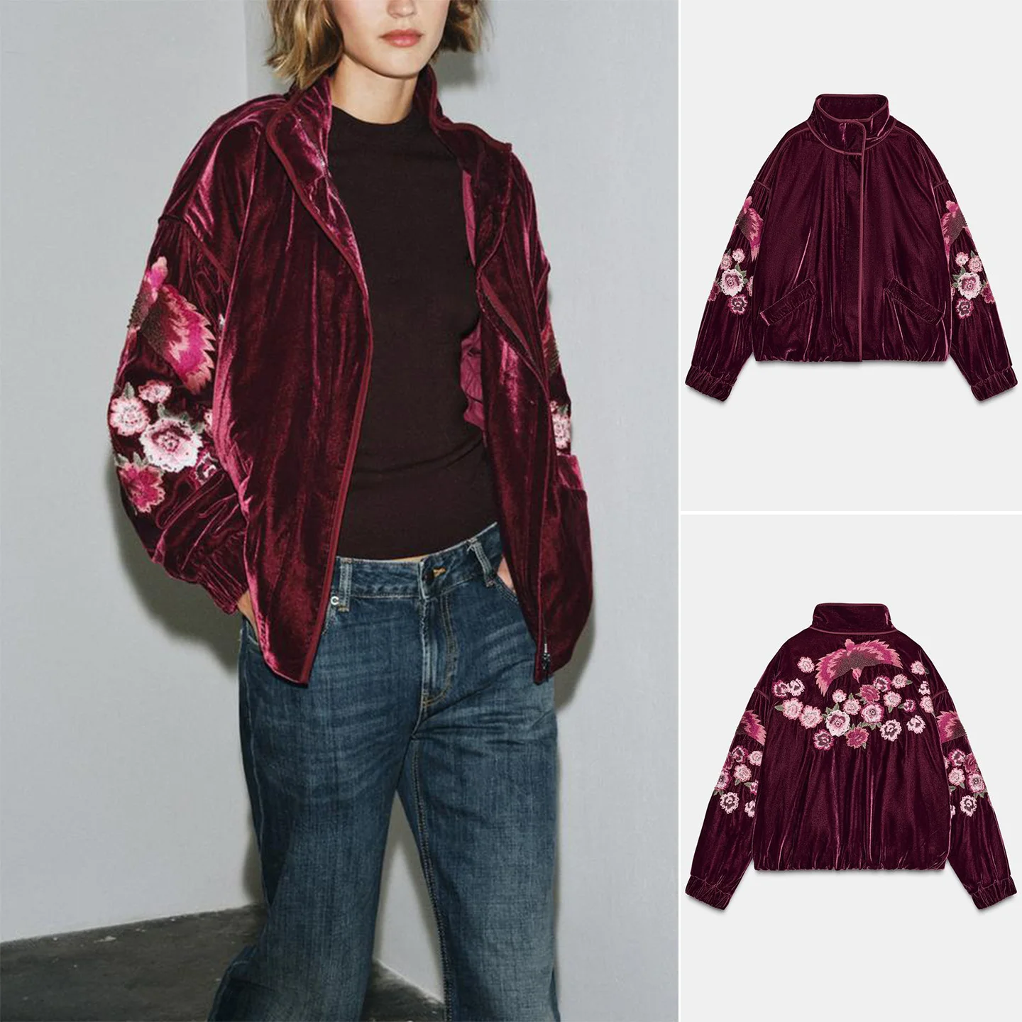 

mat Winter Women's Velvet Embroidered Bunting Jaet Long Sve Stand Collar Cotton Padded Coat 2488205