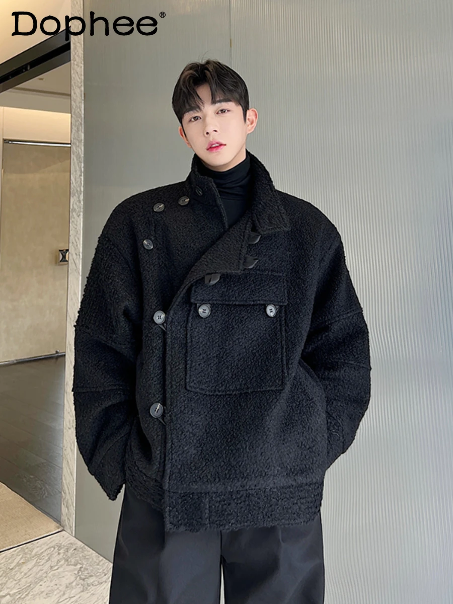 Fashionable Winter Stand-up Collar Thick Lamb Wool Coat Men's Buckle Big Pockets Handsome Long Sleeve Solid Color Woolen Coat