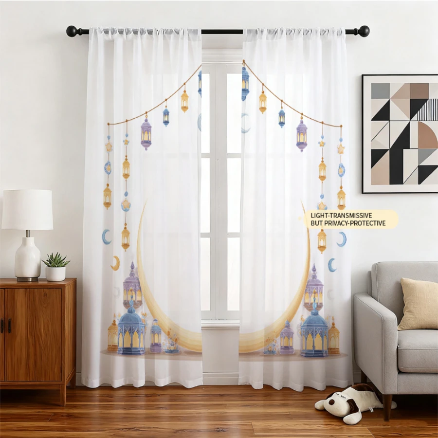 2PCS Digital Print Sheer Curtains, Symmetric Colorful Lanterns, Balanced Festival Decorative for Bedroom Living Room Home Decor
